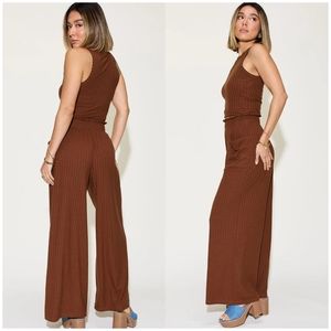 Brown Ribbed Tank and Wide Leg Pants Set